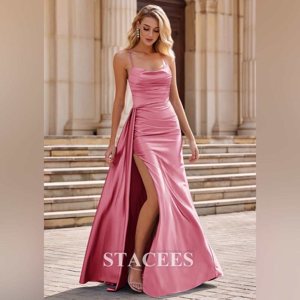 Stacees Silk Satin Fitted Cowl Neck Slit Prom Dress with Side Drape Candy Pink 2